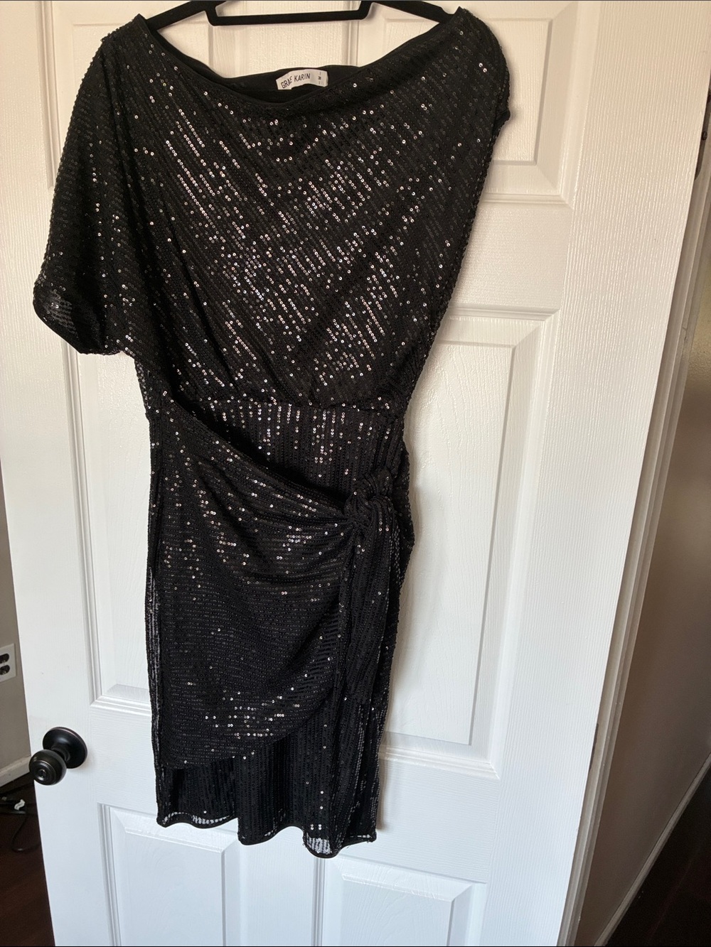 Grace Karin Black Sequin One-Shoulder Wrap-Drape Dress